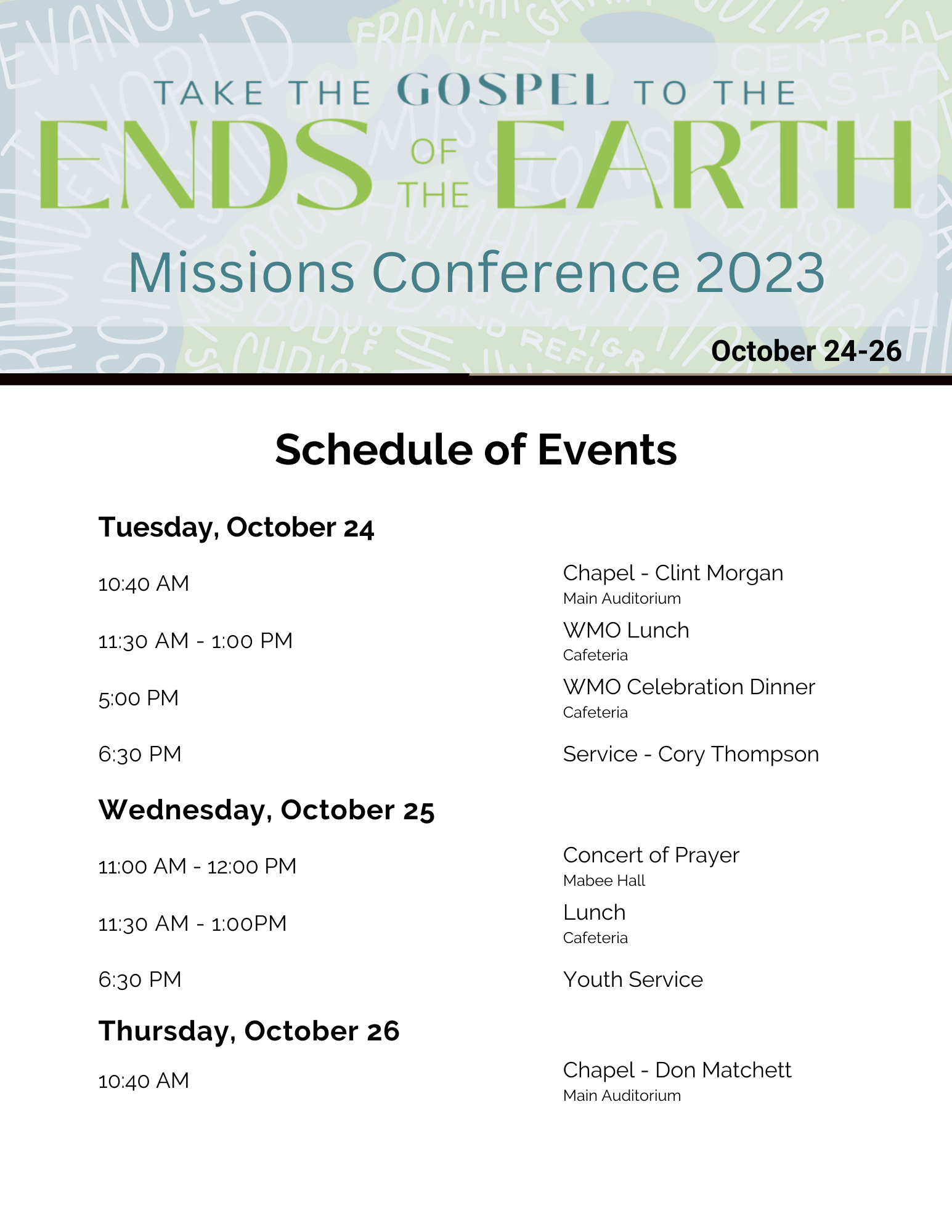 Missions Conference Schedule
